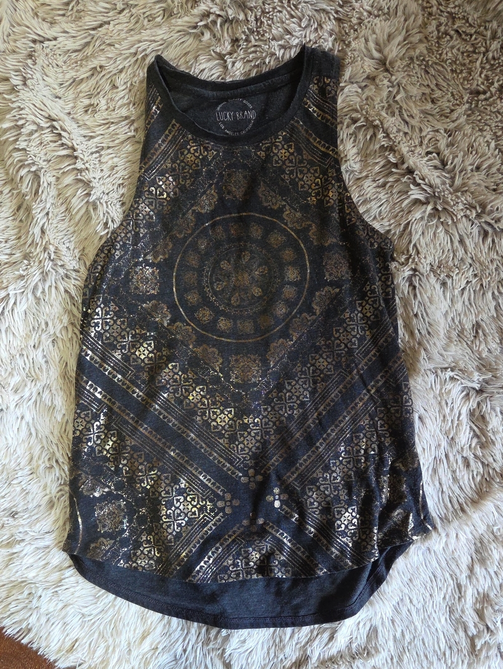Lucky Brand Grey Tank Top with Gold Medallion Print M